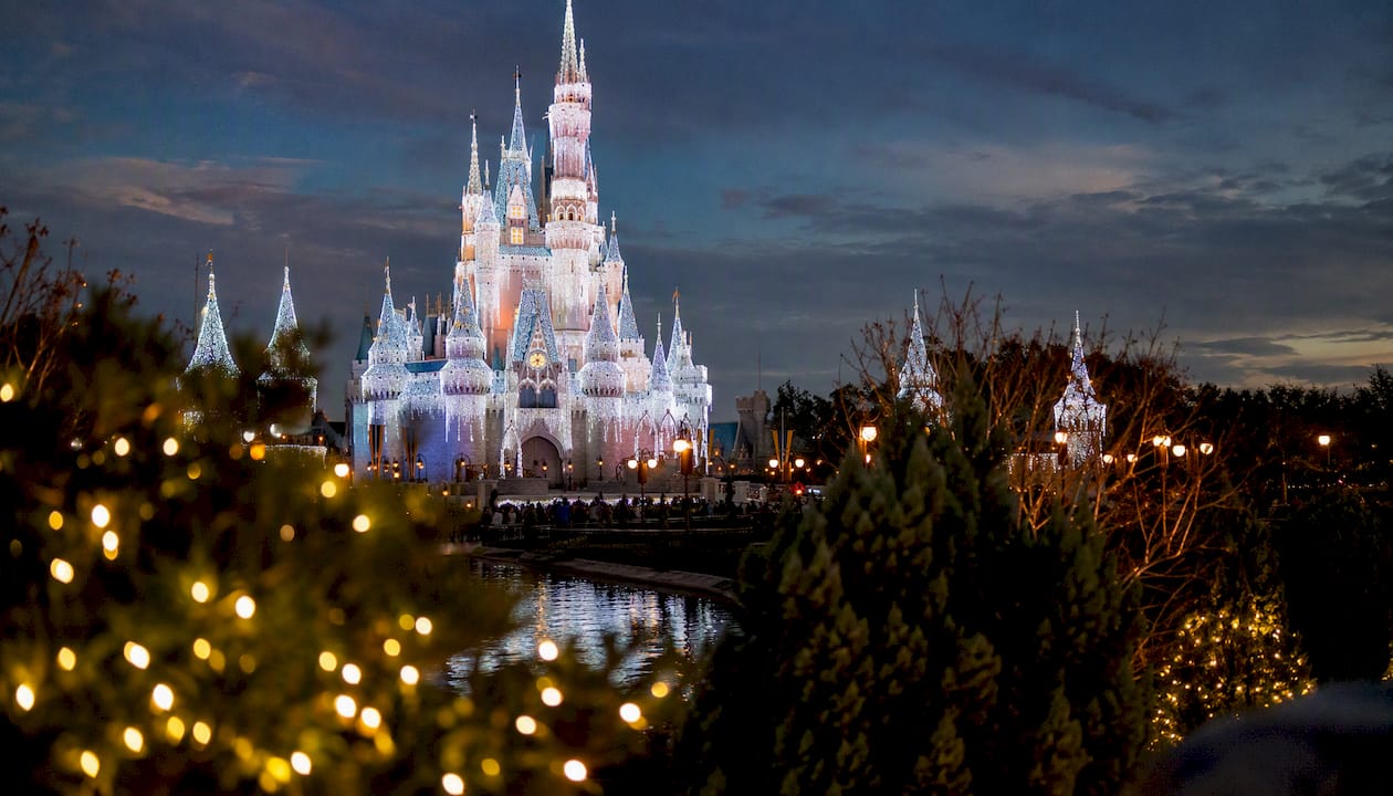 Christmas lights on Orlando theme park castle at night