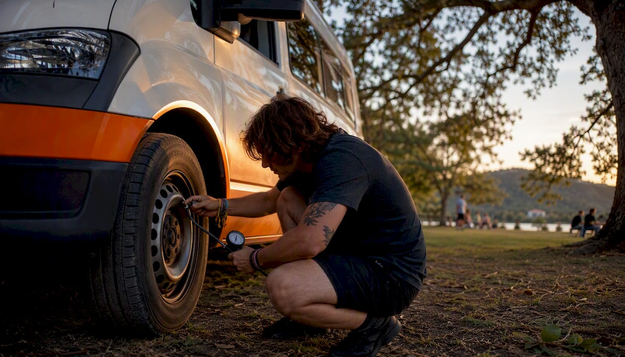 Hands checking tire pressure on rental van