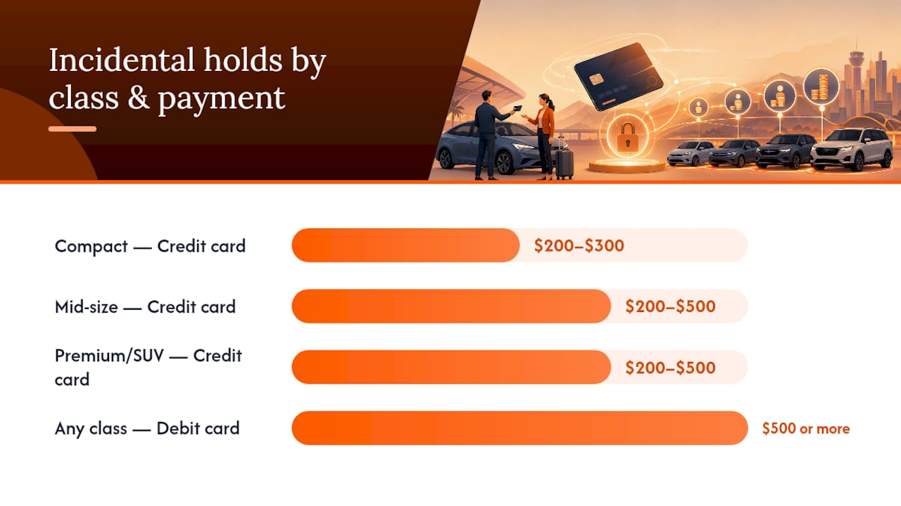 Diagram comparing rental hold amounts by vehicle class and card type