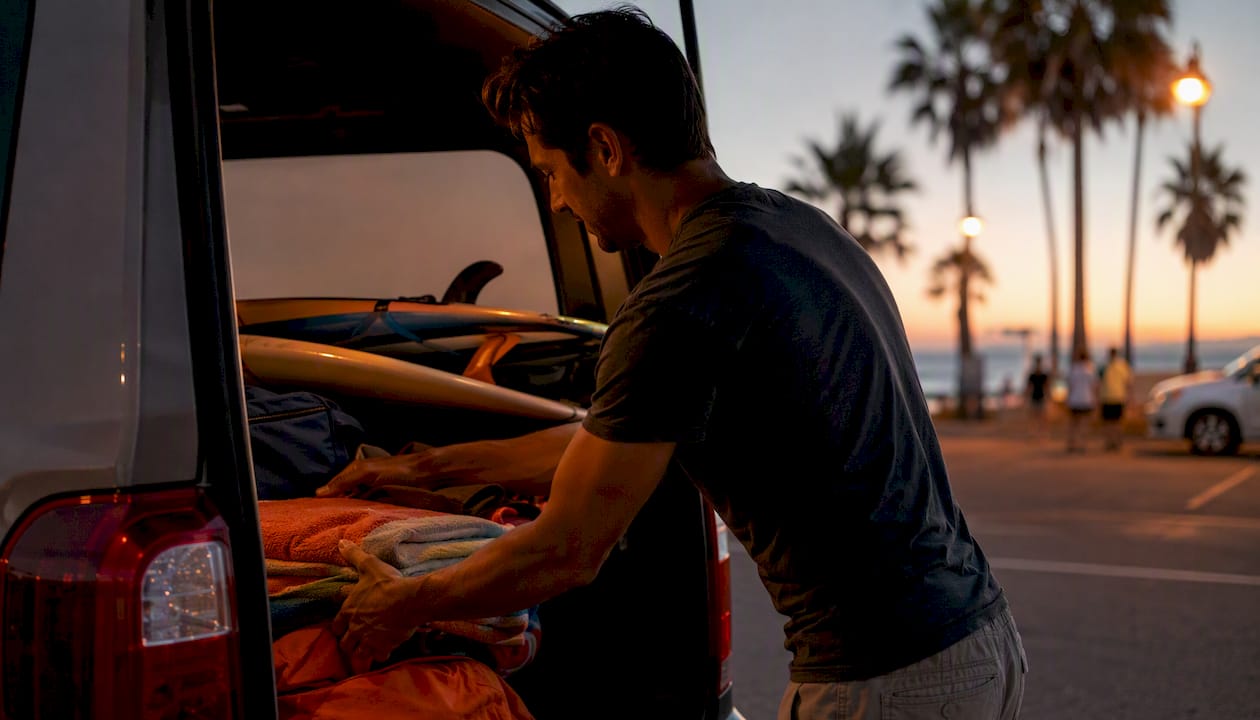 Hands loading luggage into van at dusk