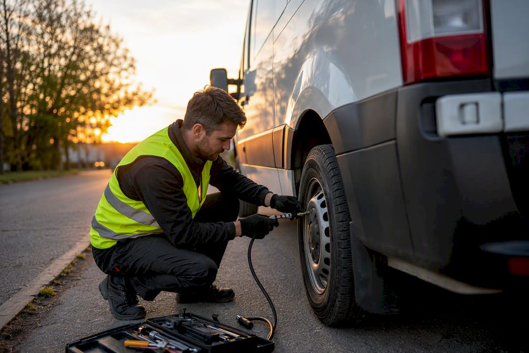 Mechanic tightening van tire roadside