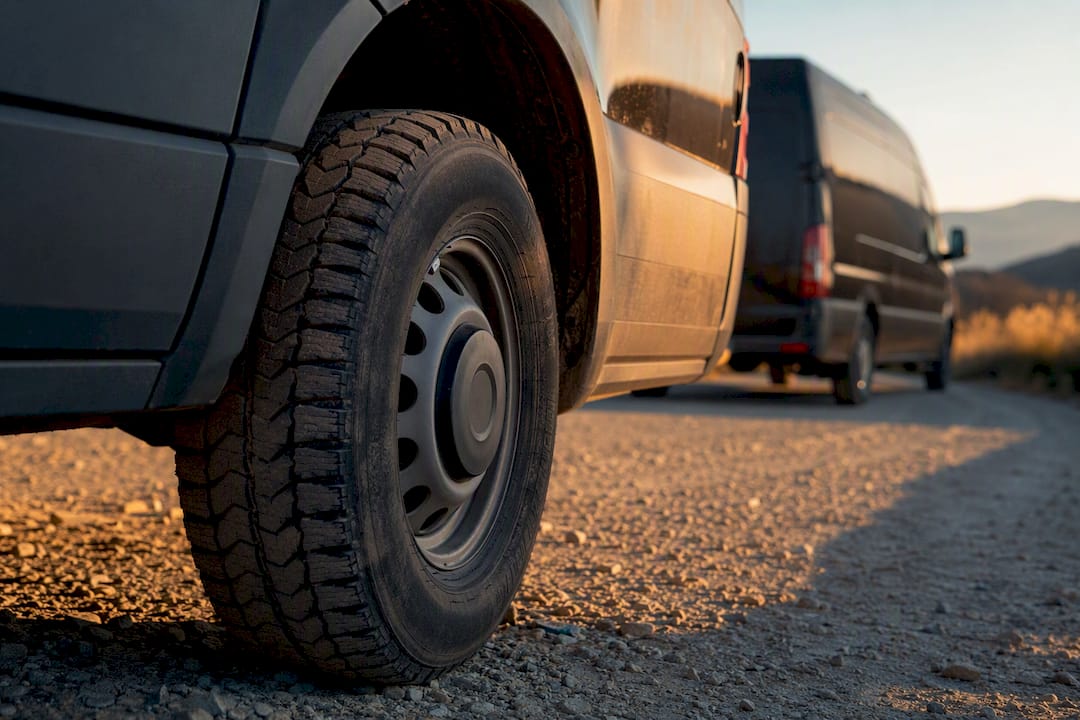Close-up of Sprinter van tire and roof silhouette