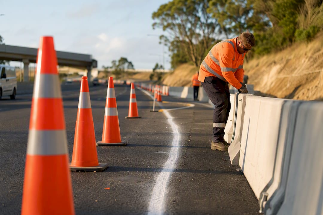 Freeway construction zone with temporary traffic control