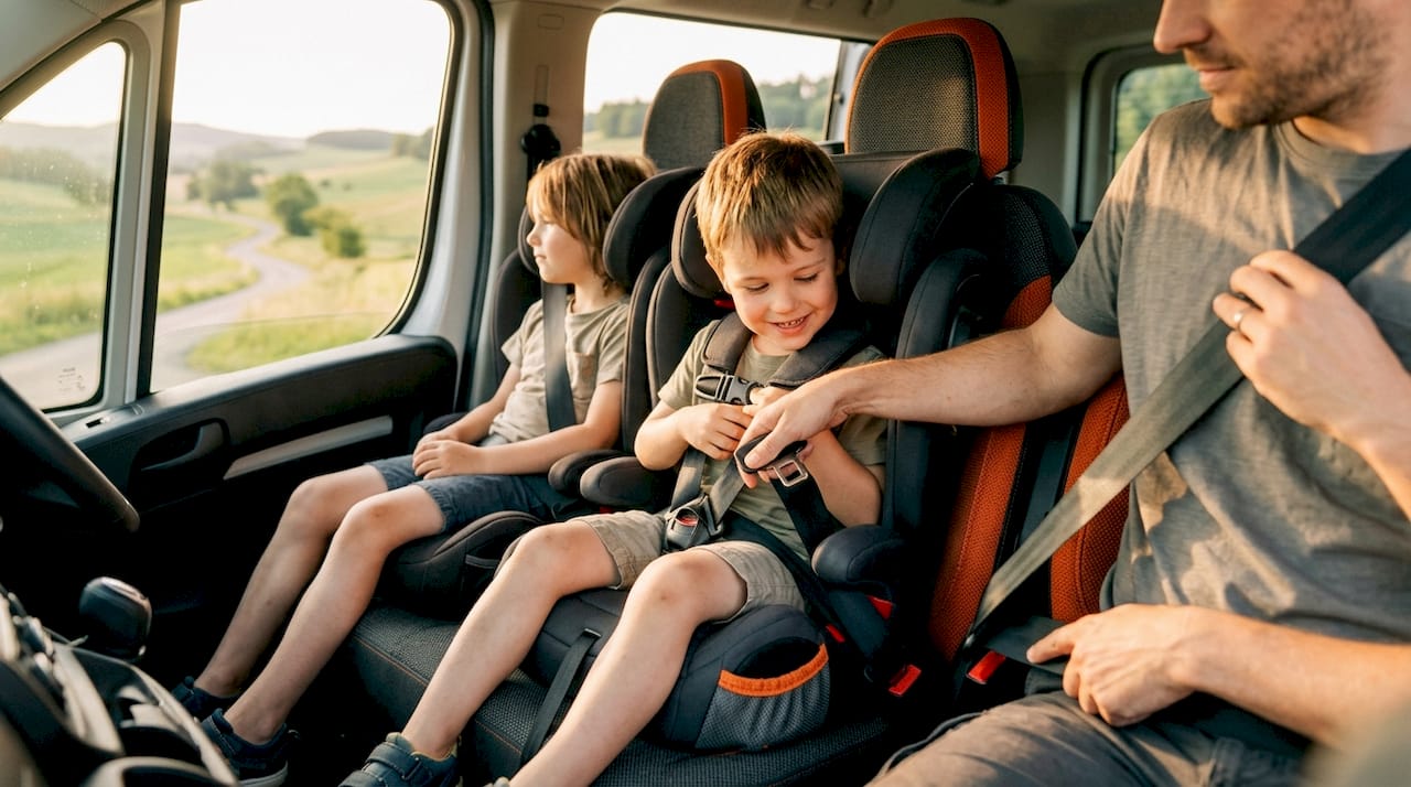 Passengers buckled in carpool van seats