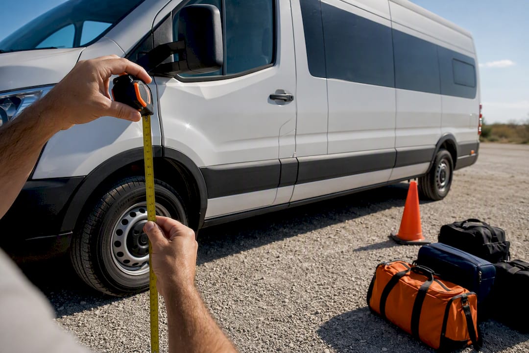 Hands measuring a van's exterior length