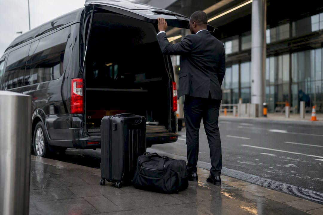 Chauffeur opening van door at airport curbside