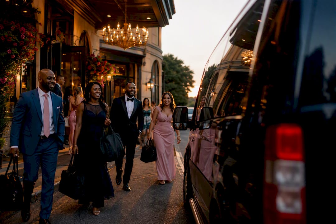 Guests approaching van at hotel for wedding shuttle