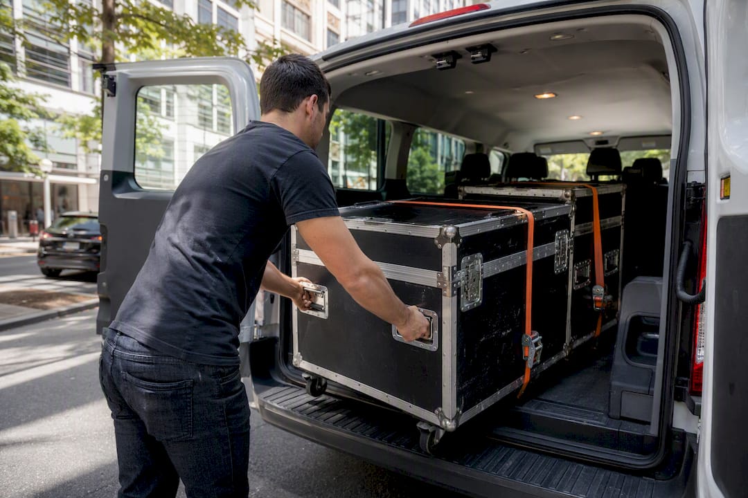 Hands loading trade show equipment into van