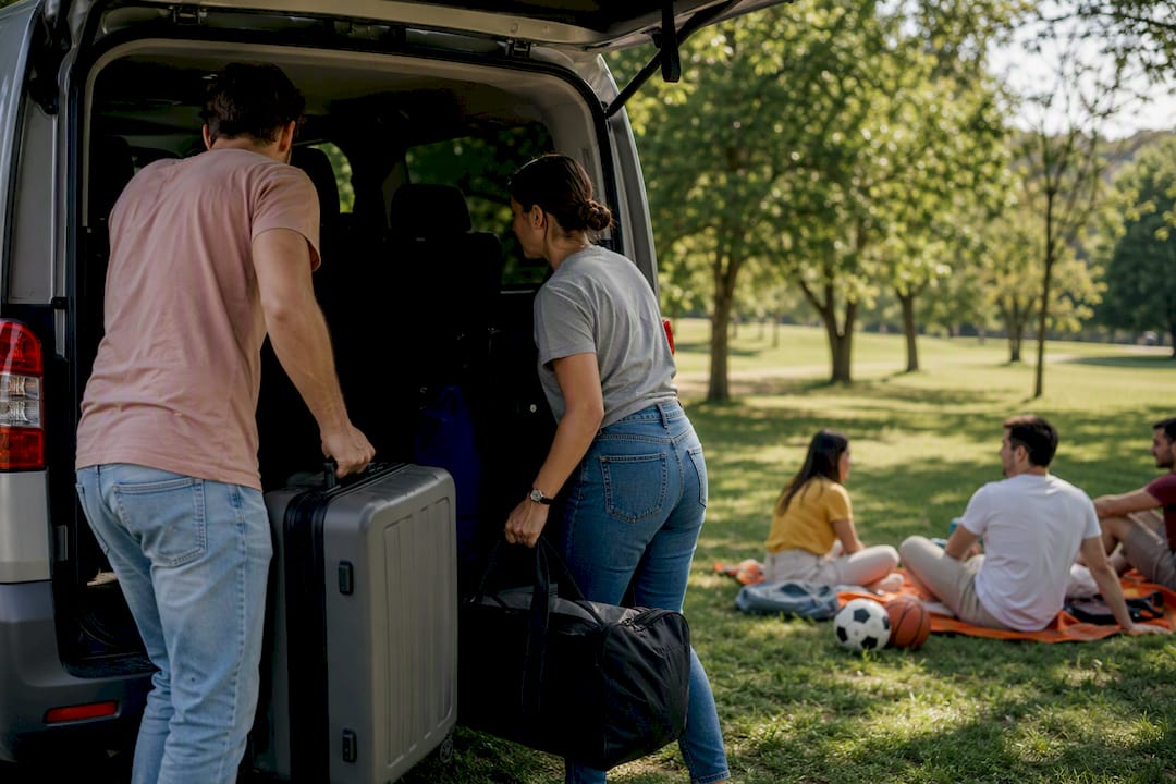 Hands loading luggage into rental van