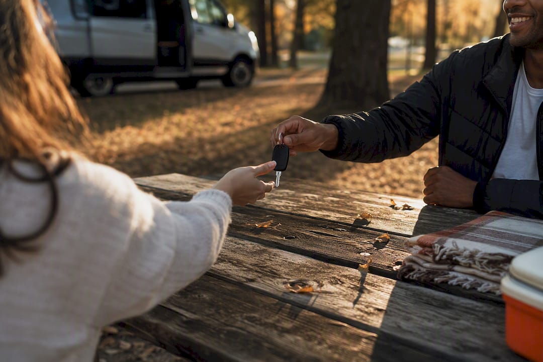 Hands exchanging van rental key at doorstep