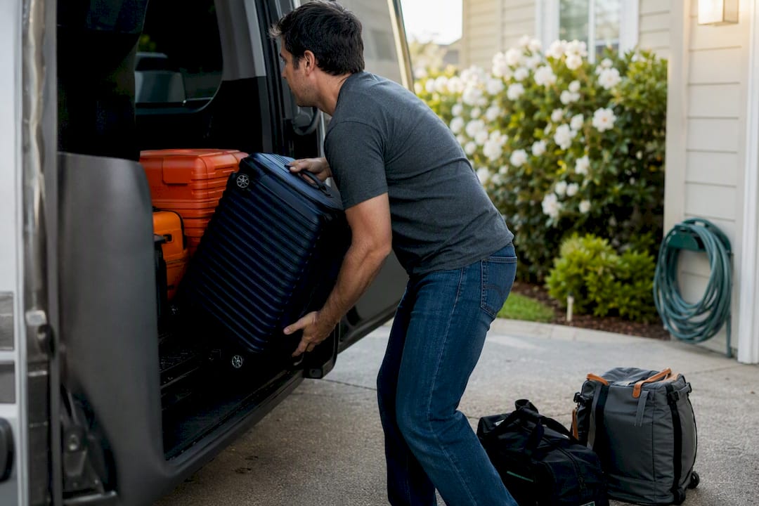 Hands loading luggage into passenger van