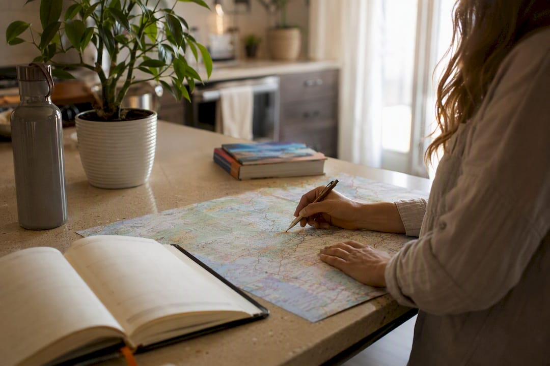 Hands planning trip on calendar and map