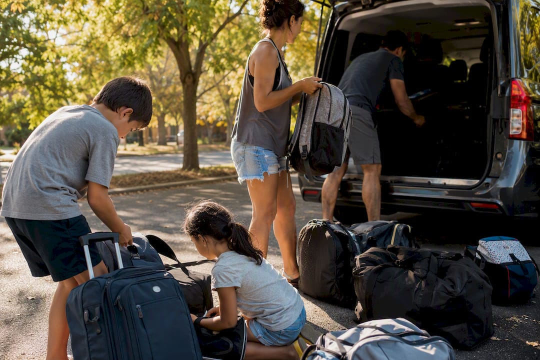 Family loading luggage into large passenger van