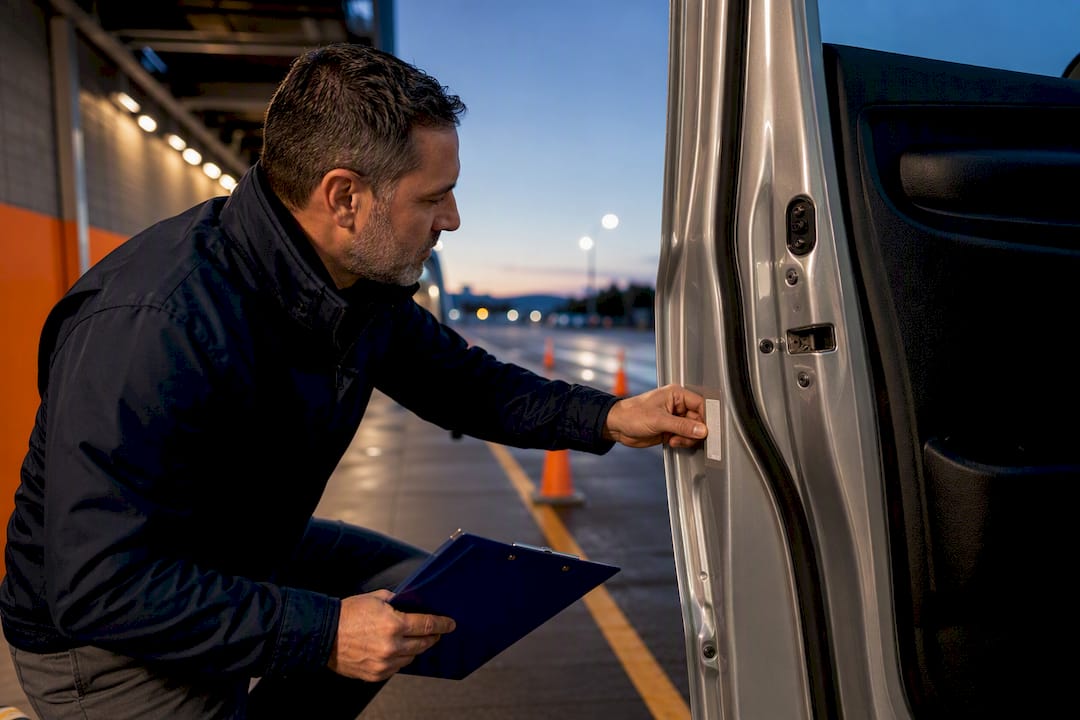 Administrator checking school van compliance label