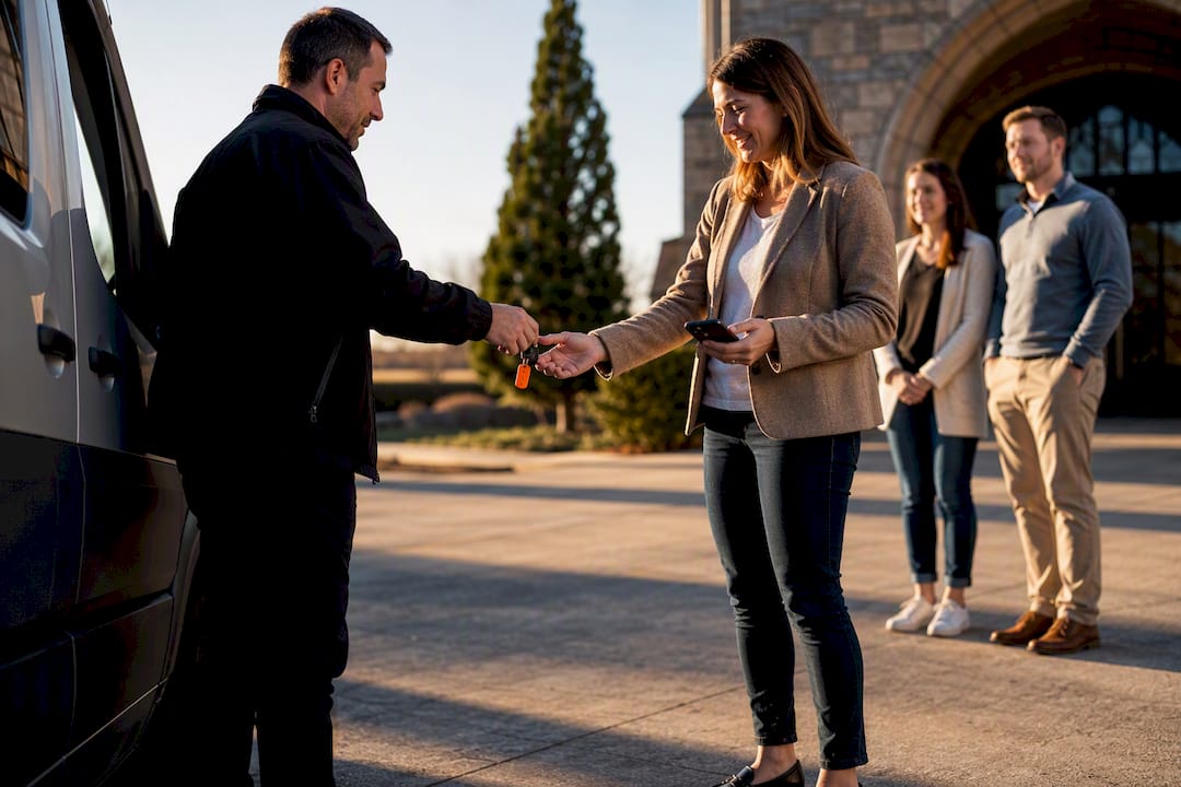 Organizer receiving keys at group van delivery