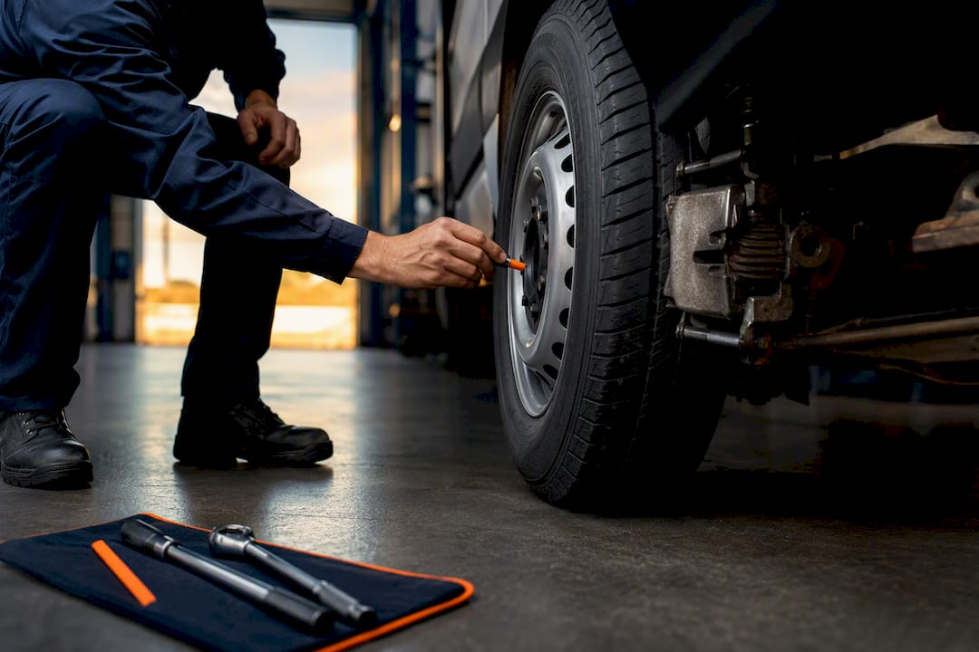Owner checking van tire before rental