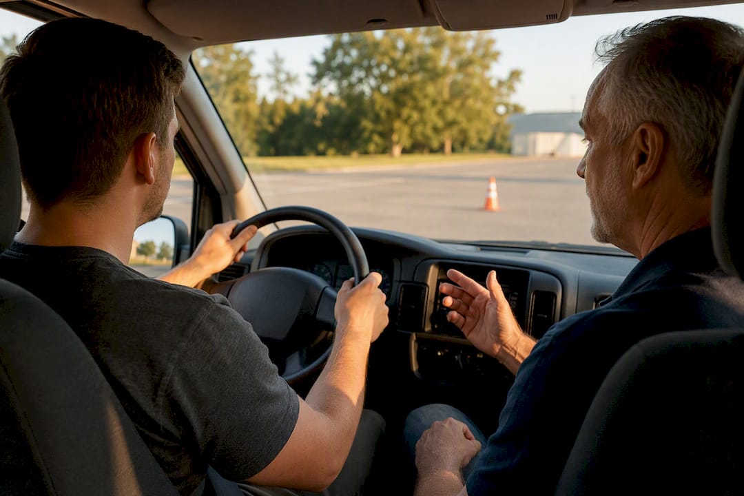 Instructor supervising large van driver practice