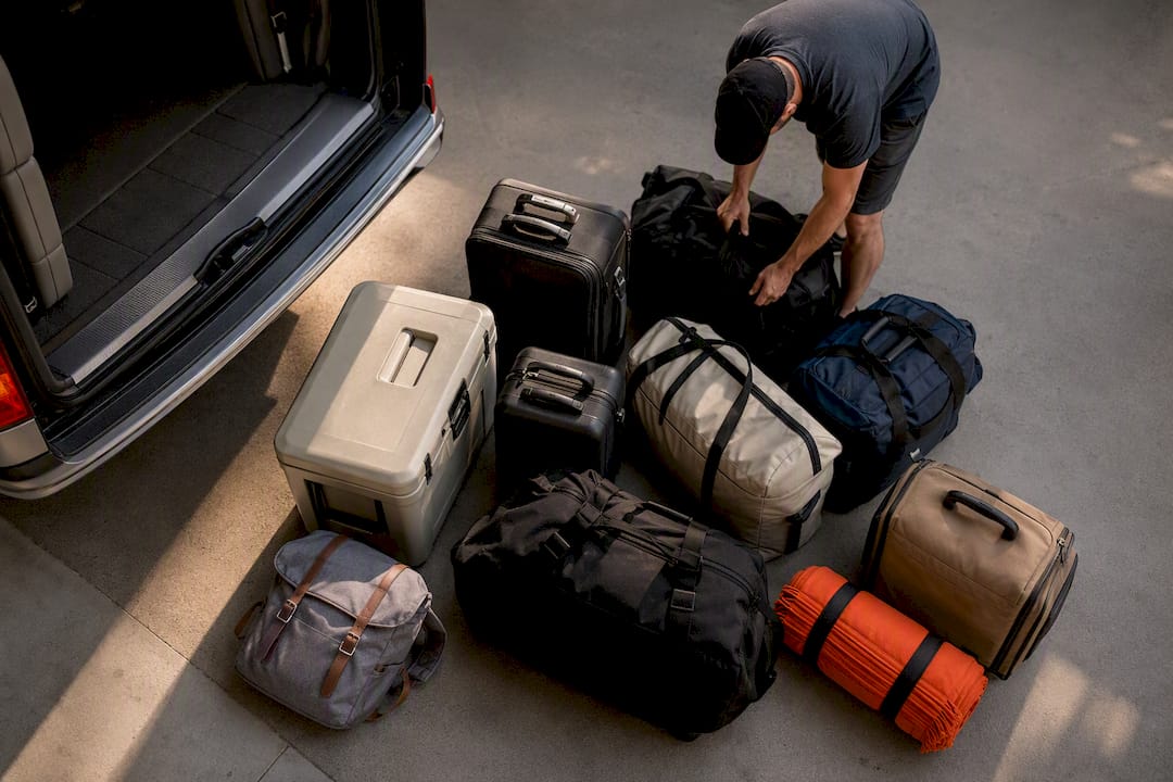Travel luggage and cooler representing van payload