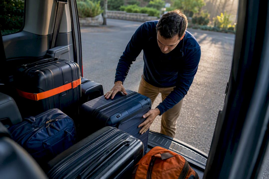 Carry-on bags arranged at van cargo threshold