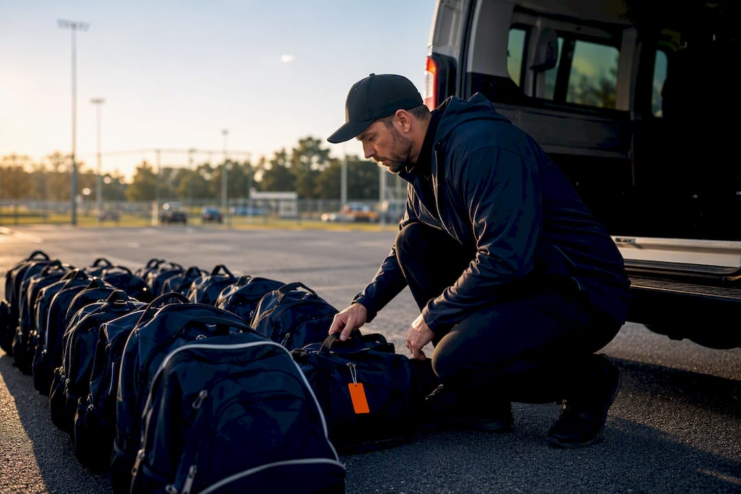 Coach organizing sports team travel gear