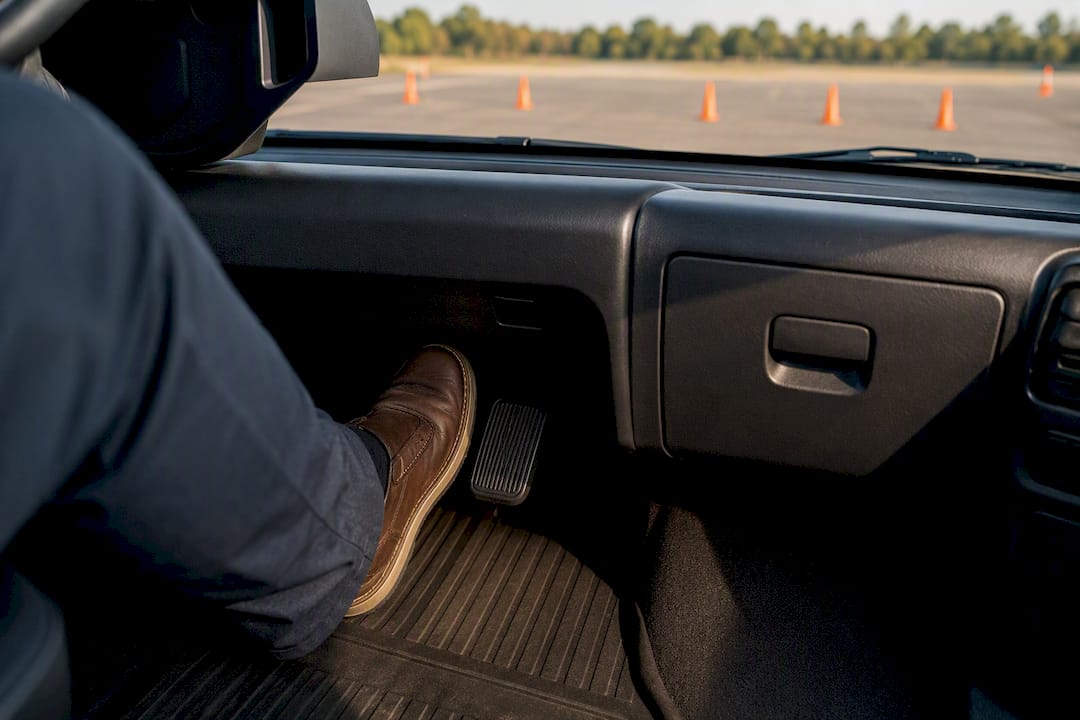 Driver practicing full stop with brake pedal