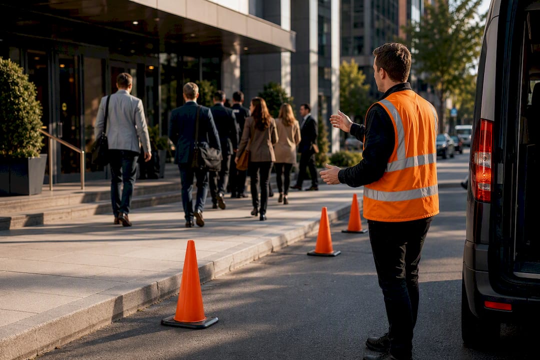 Venue curb staging area for group vehicles