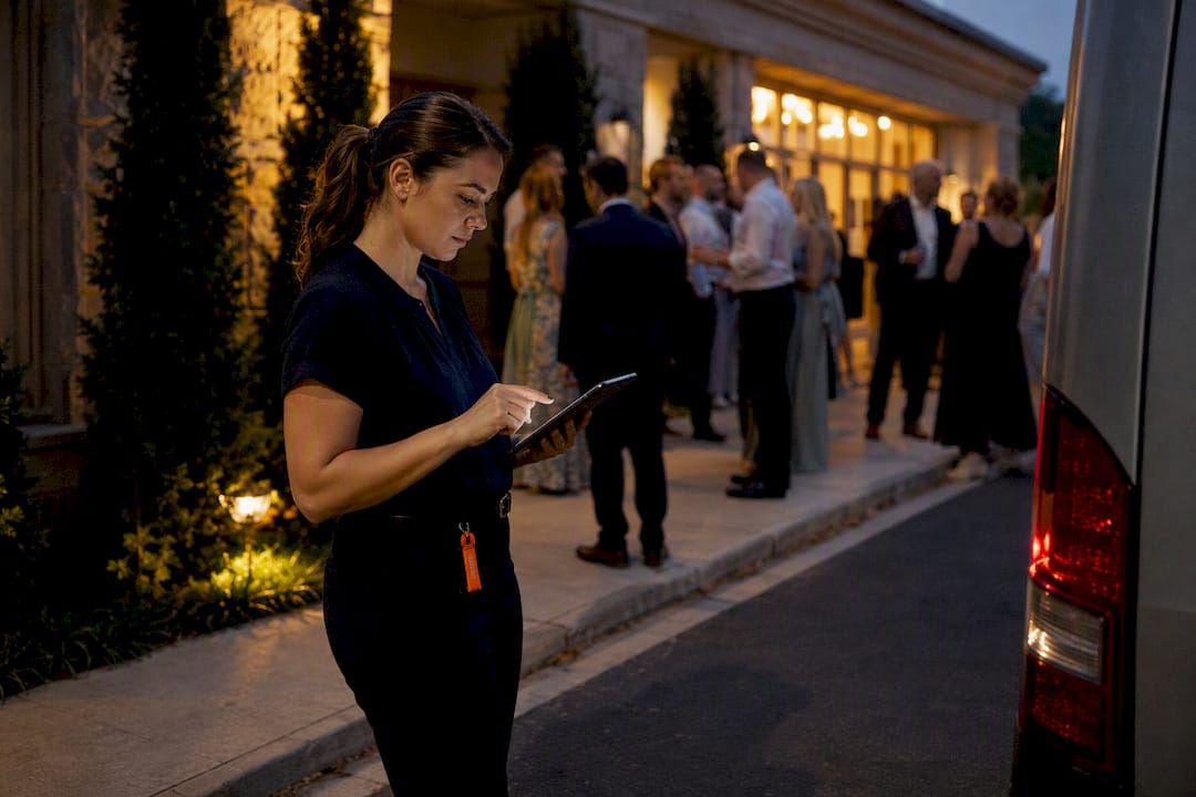 Wedding guests coordinating shuttle departures