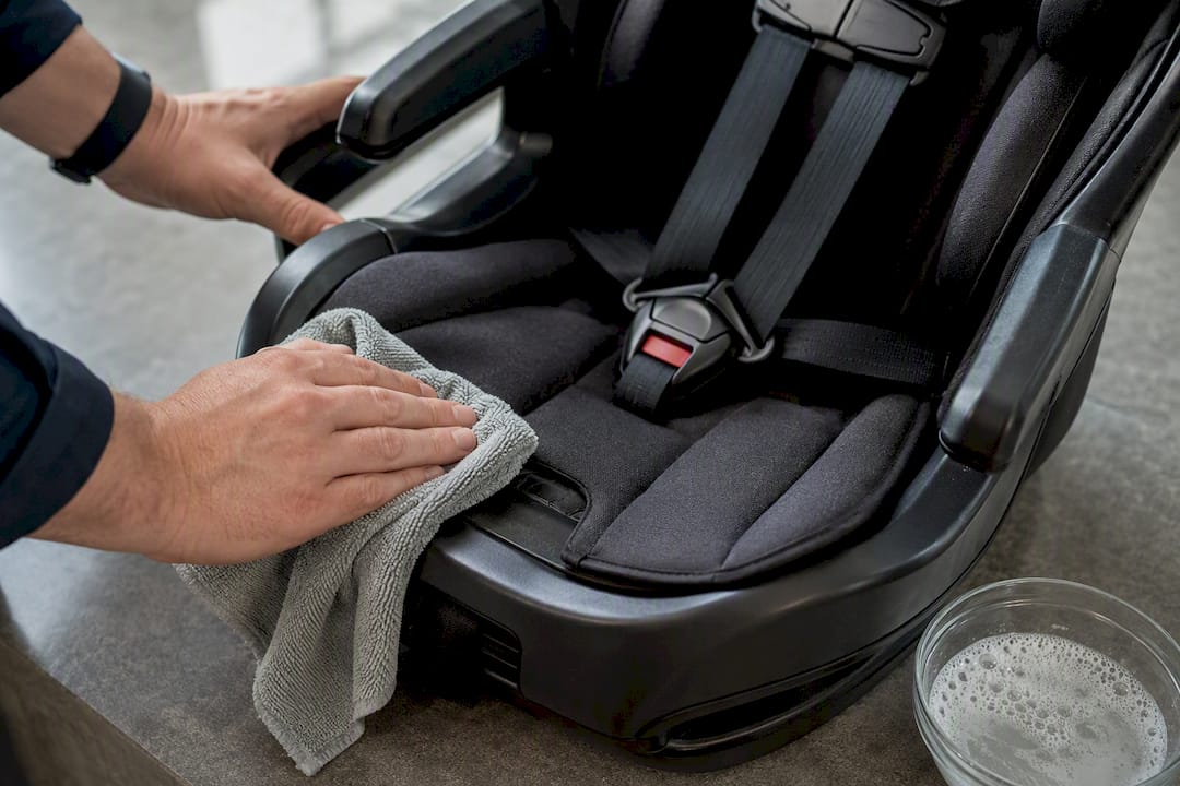 Hands cleaning a child car seat harness