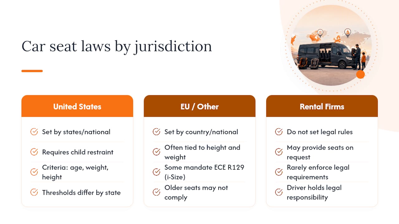 Car Seat Laws for Rental Vehicles by Jurisdiction — overview diagram