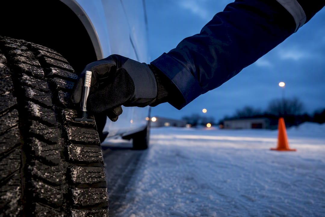 Fleet manager checking winter tire tread