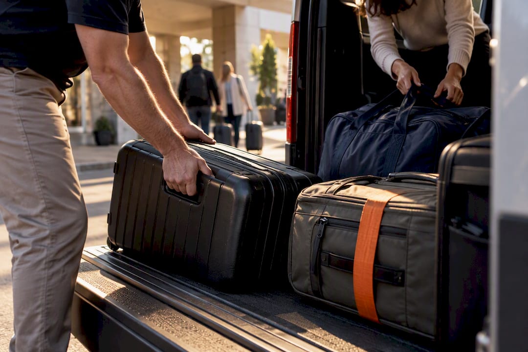 Luggage being arranged in passenger van