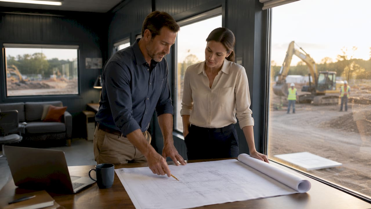 Construction supervisors reviewing schedules outdoors