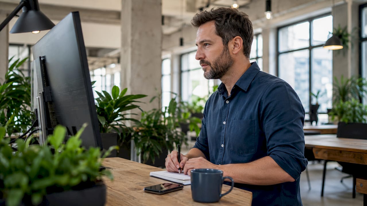 Project manager using scheduling software indoors