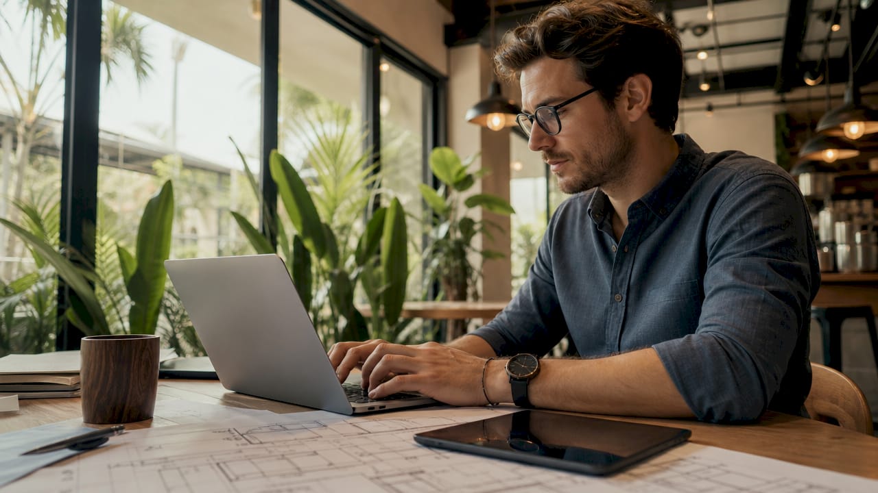 Close-up of hands typing on laptop with blueprints