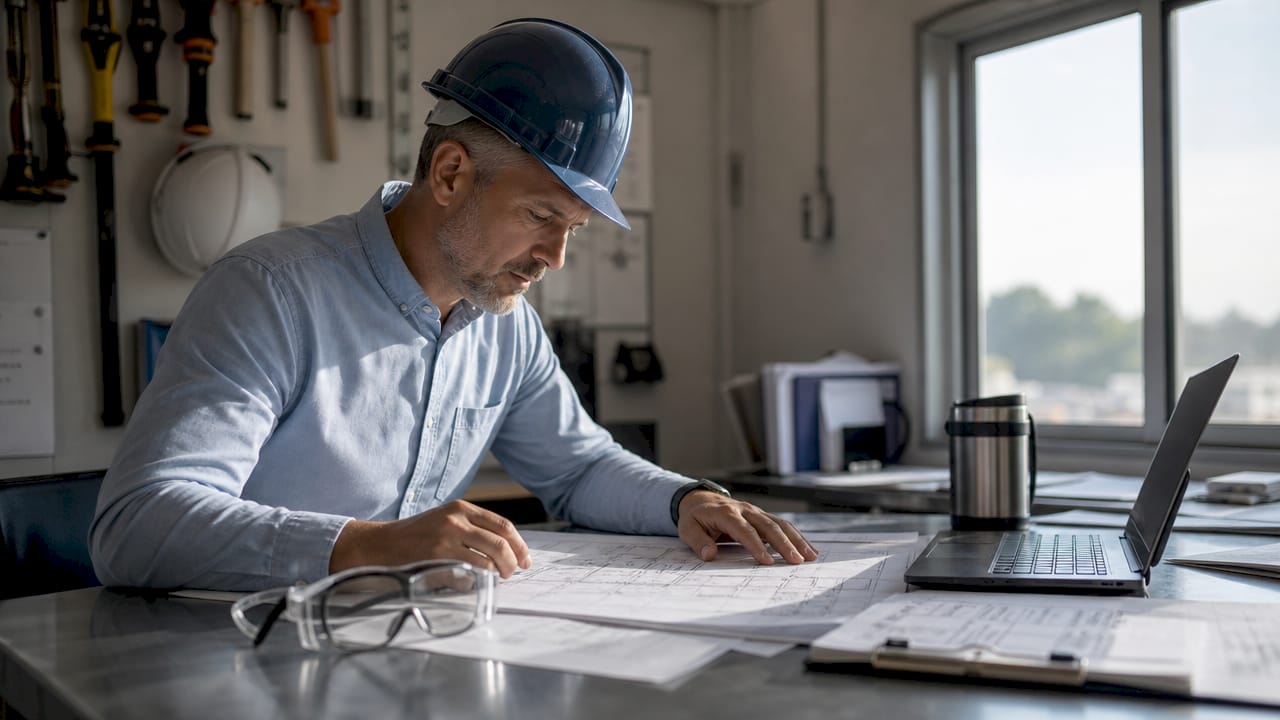 Project manager reviewing construction reports onsite