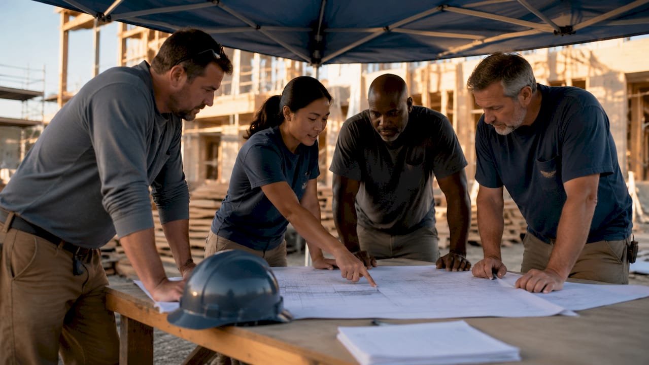 Subcontractors coordinating schedule under canopy