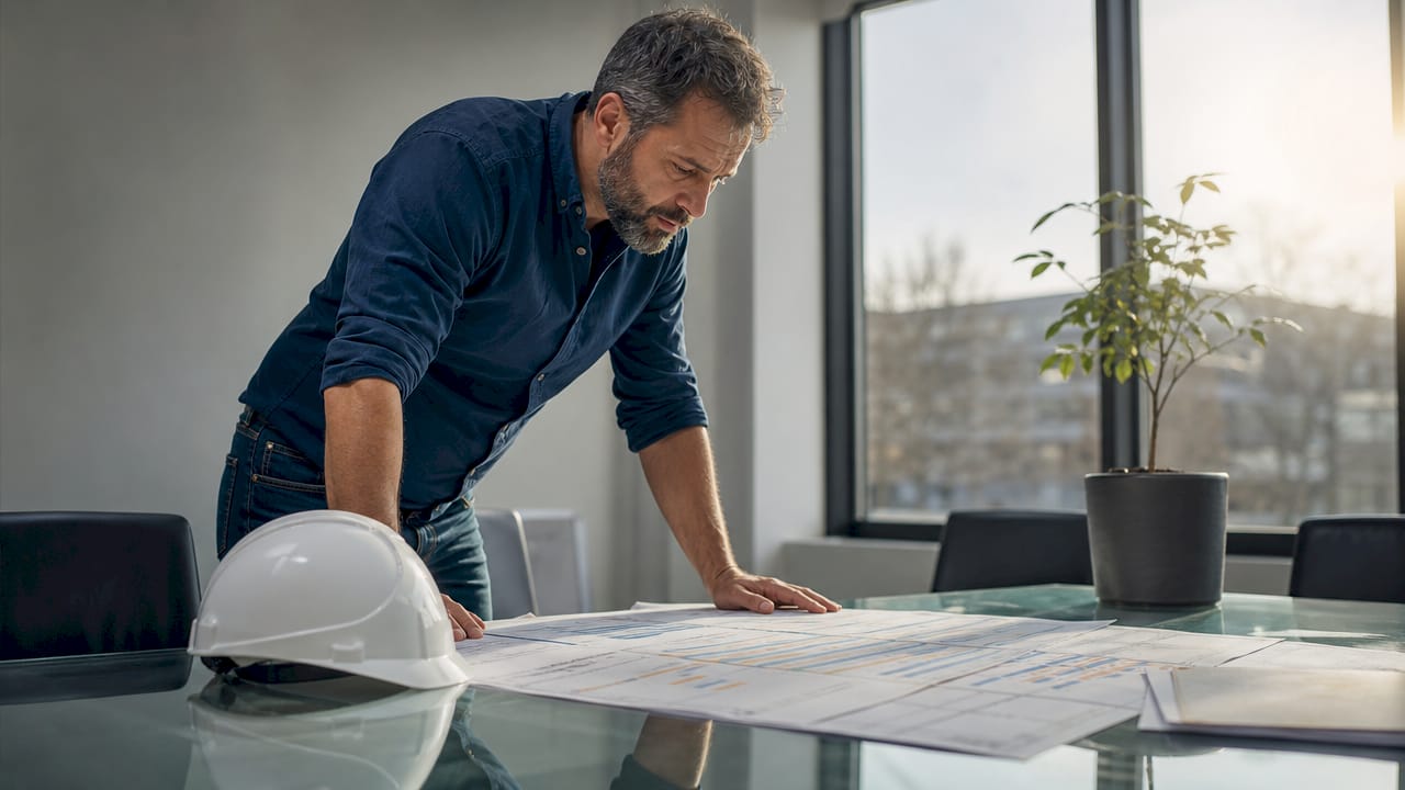Contractor reviewing schedules at site office desk