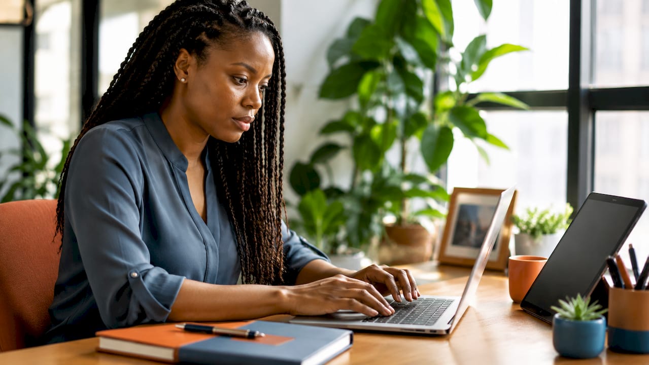 Woman working on laptop with documents