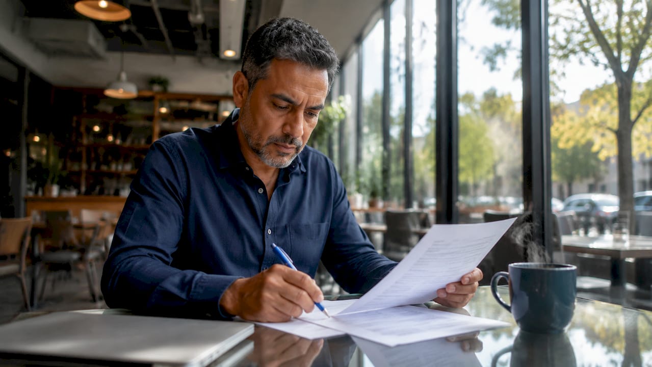 Construction manager reviewing invoices at desk
