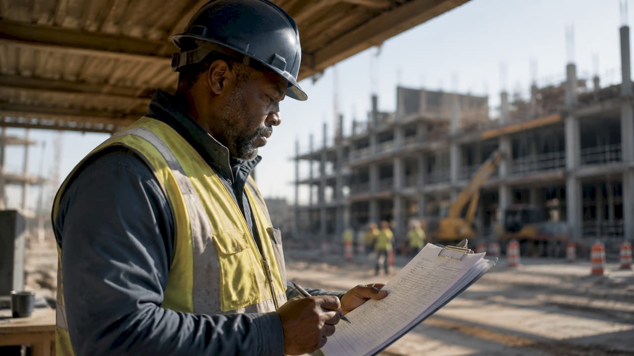 Supervisor checking construction data forms outdoors