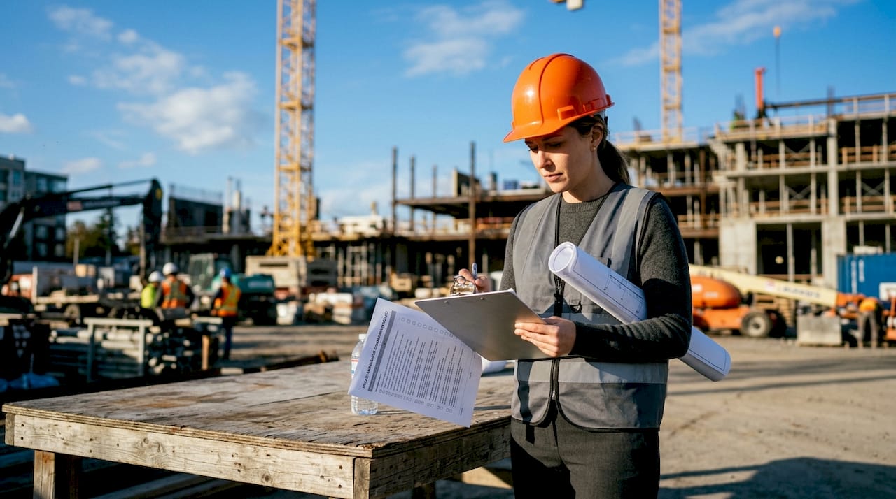 Construction PM reviewing checklist outdoors