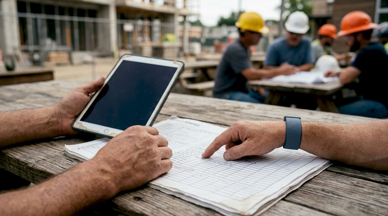 Hands pointing at daily crew schedule on clipboard