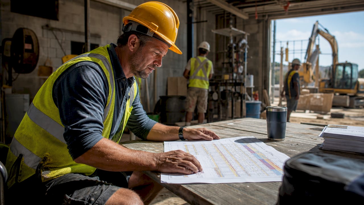 Project manager reviewing workforce schedule in trailer