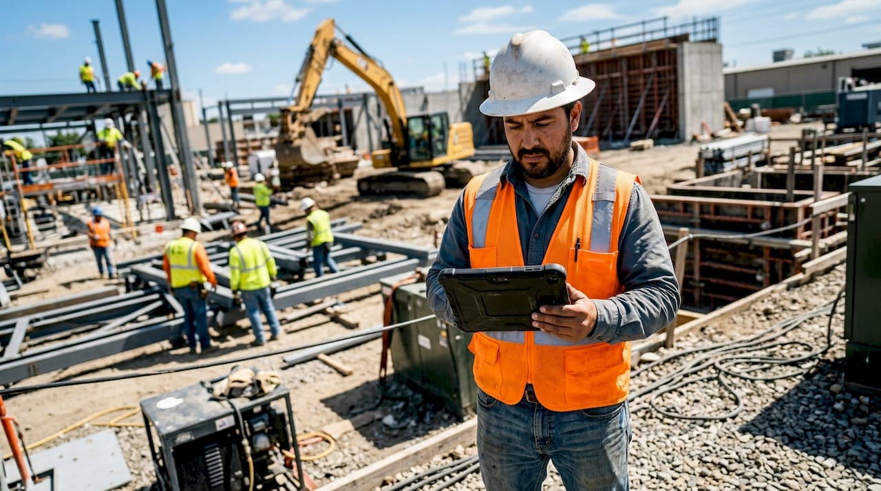 Construction manager consulting tablet at job site