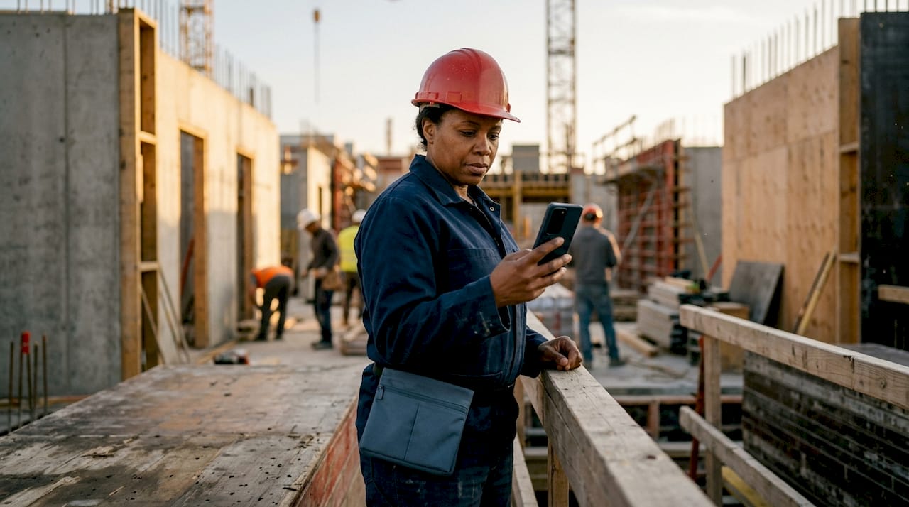 Foreman using smartphone to manage construction tasks