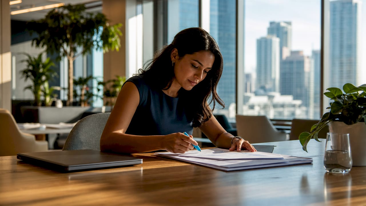 Woman reviewing engineering firm administrative paperwork