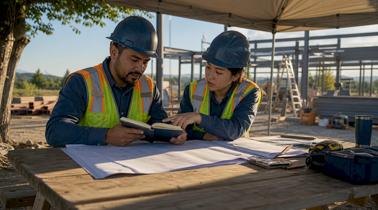 Construction workers collaborating with tablet