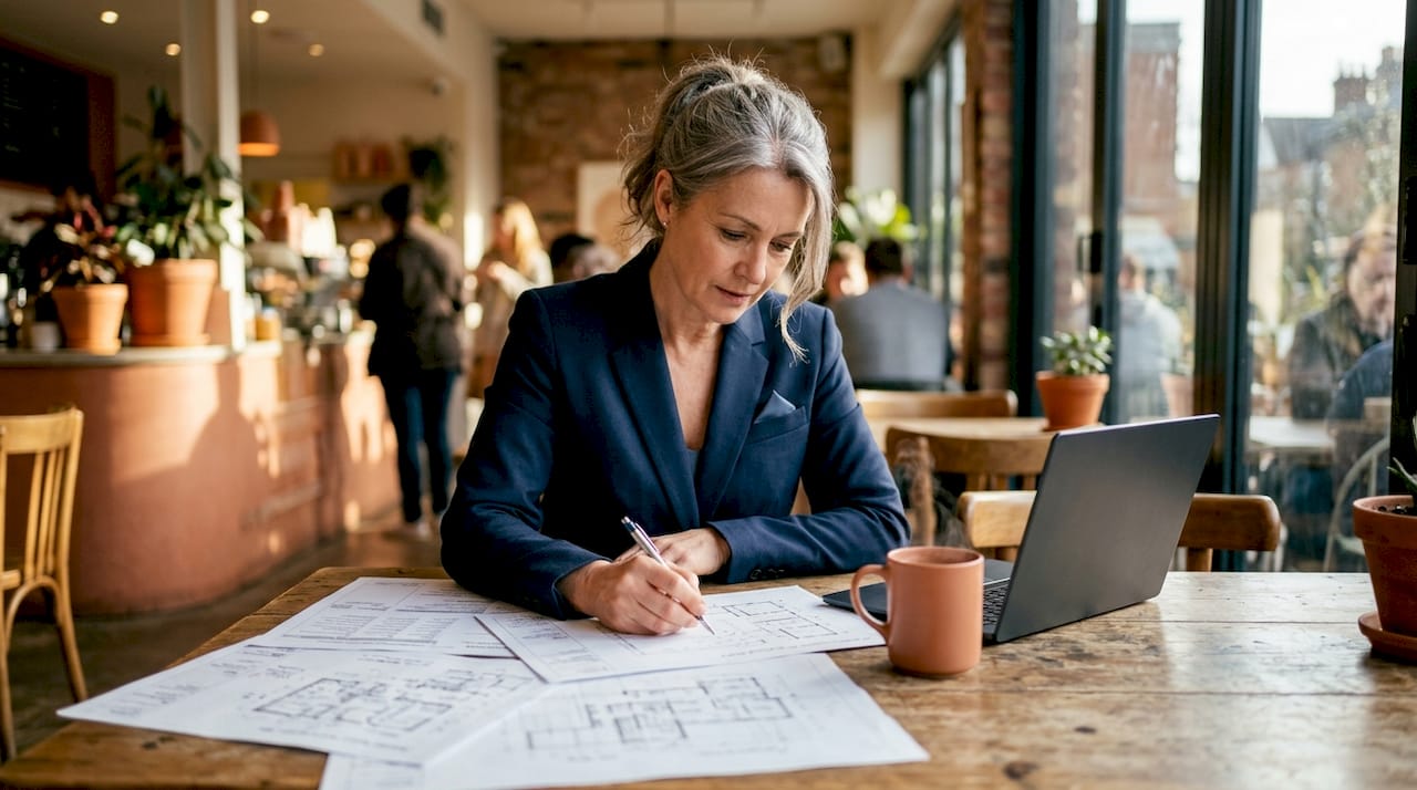 Engineering manager at desk reviewing plans and reports