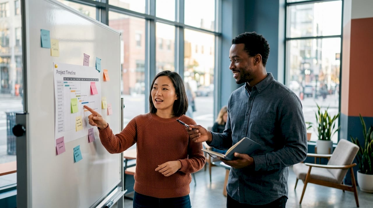 Two engineers discussing workflow over project timeline