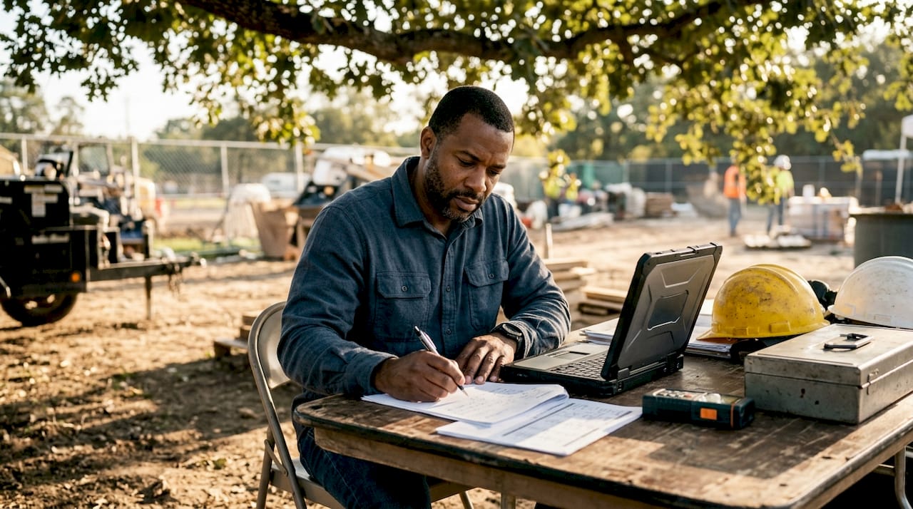 Supervisor reviewing construction ERP documents outdoors